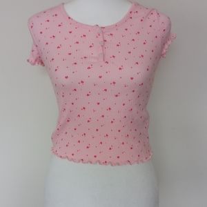 valentines day ribbed pink and red heart lettuce hem crop top with buttons